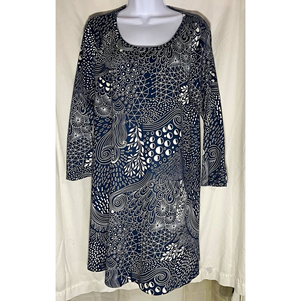 ENMAIN Women’s Geometric Knit Stretch Tunic Top XL Blue/White Scoop Neck